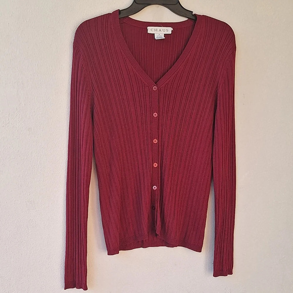 Chaus Button Down Cardigan Silk Women's Red Size M - Picture 3 of 9